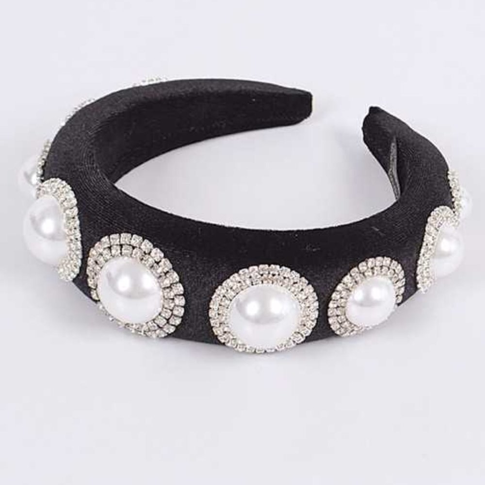 Iconic Pearl Stone Puffy Velvet Headband - Black